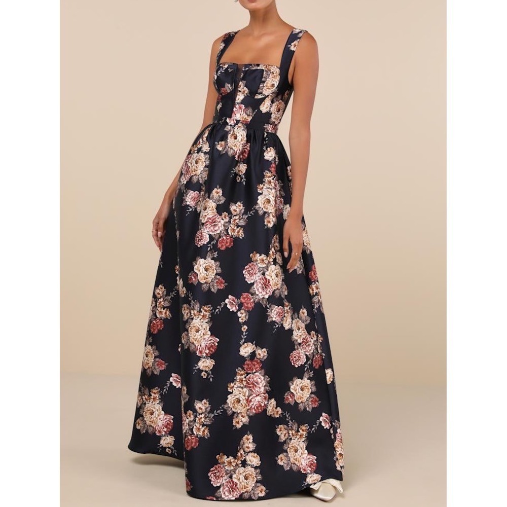 NWT Lulus Elegant Pick Navy Blue Floral Sleeveless Bustier Maxi Dress XL